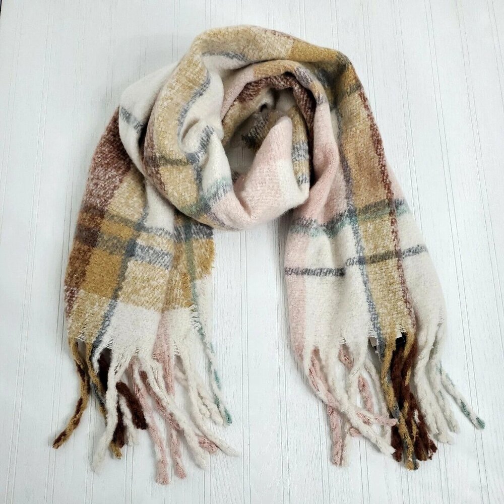 Cejon Scarf Plaid Blush Oversized Blanket Wrap Pink Tan‎ Grey Fringe